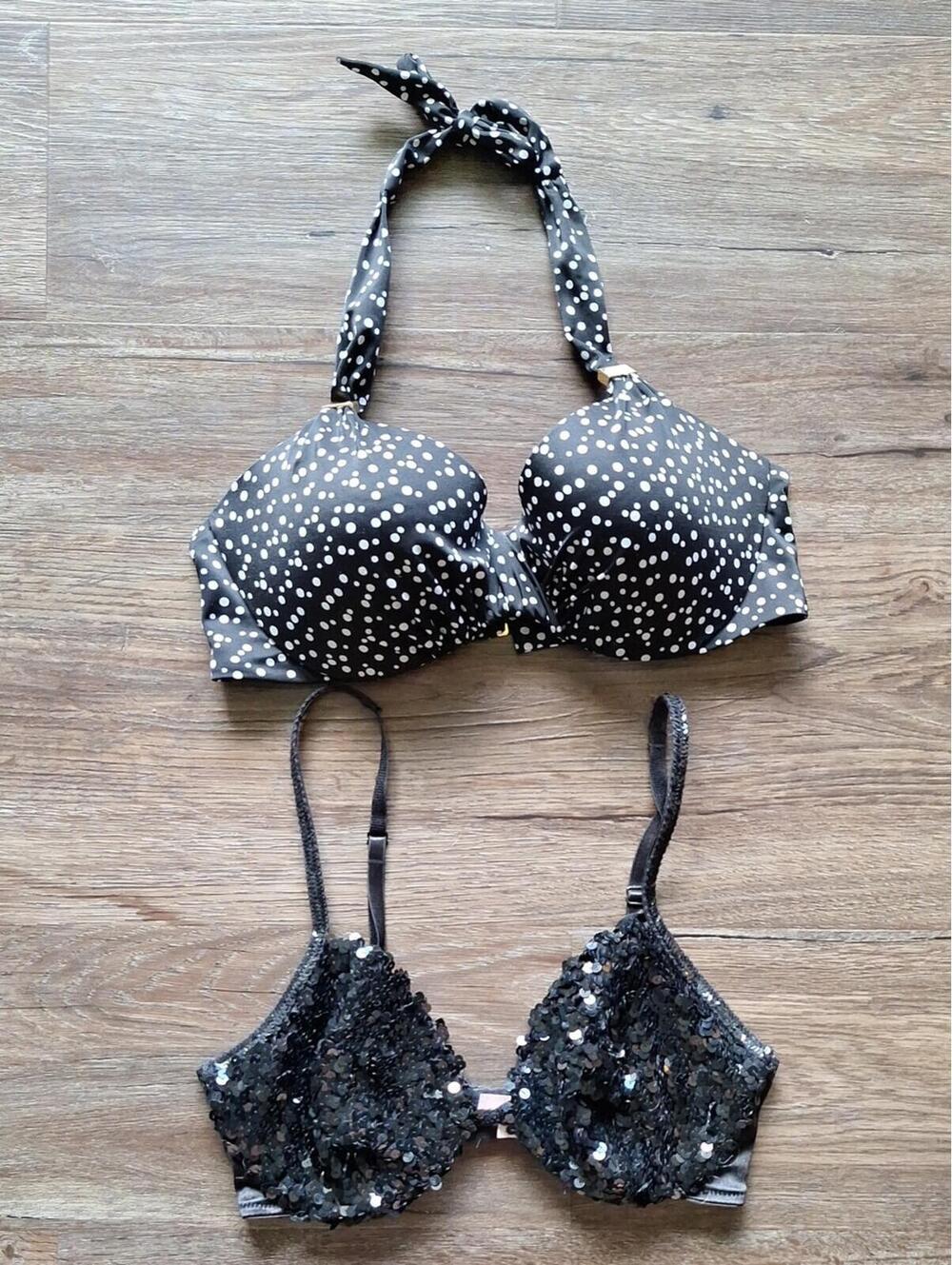 Victoria Secret Black Sequin Bra And Polka Dot Bikini Top Size 36c
